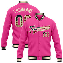 Charger l'image dans la galerie, Custom Pink Vintage USA Flag Cream-Black Bomber Full-Snap Varsity Letterman Jacket