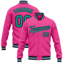 Загрузить изображение в средство просмотра галереи, Custom Pink Aqua-Black Bomber Full-Snap Varsity Letterman Jacket