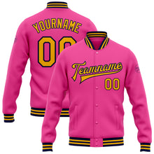 Load image into Gallery viewer, Custom Pink Gold-Navy Bomber Full-Snap Varsity Letterman Jacket
