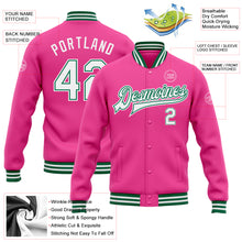 Charger l'image dans la galerie, Custom Pink White-Kelly Green Bomber Full-Snap Varsity Letterman Jacket
