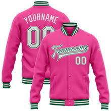 Charger l'image dans la galerie, Custom Pink White-Kelly Green Bomber Full-Snap Varsity Letterman Jacket