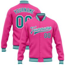 Load image into Gallery viewer, Custom Pink Teal-White Bomber Full-Snap Varsity Letterman Jacket
