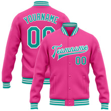 Загрузить изображение в средство просмотра галереи, Custom Pink Aqua-White Bomber Full-Snap Varsity Letterman Jacket