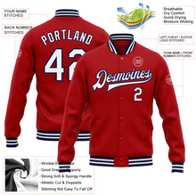 Laden Sie das Bild in den Galerie-Viewer, Custom Red White-Navy Bomber Full-Snap Varsity Letterman Jacket