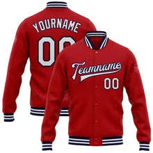 Laden Sie das Bild in den Galerie-Viewer, Custom Red White-Navy Bomber Full-Snap Varsity Letterman Jacket