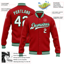 Загрузить изображение в средство просмотра галереи, Custom Red White-Kelly Green Bomber Full-Snap Varsity Letterman Jacket