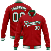 Загрузить изображение в средство просмотра галереи, Custom Red White-Kelly Green Bomber Full-Snap Varsity Letterman Jacket
