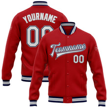 Загрузить изображение в средство просмотра галереи, Custom Red White Navy-Gray Bomber Full-Snap Varsity Letterman Jacket
