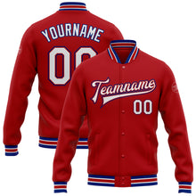 Загрузить изображение в средство просмотра галереи, Custom Red White-Royal Bomber Full-Snap Varsity Letterman Jacket