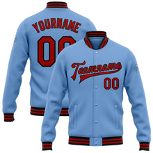 Load image into Gallery viewer, Custom Light Blue Red-Black Bomber Full-Snap Varsity Letterman Jacket
