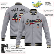 Загрузить изображение в средство просмотра галереи, Custom Gray Vintage USA Flag Black-Cream Bomber Full-Snap Varsity Letterman Jacket