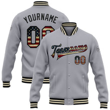 Загрузить изображение в средство просмотра галереи, Custom Gray Vintage USA Flag Black-Cream Bomber Full-Snap Varsity Letterman Jacket