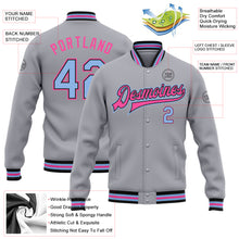 Laden Sie das Bild in den Galerie-Viewer, Custom Gray Light Blue Black-Pink Bomber Full-Snap Varsity Letterman Jacket