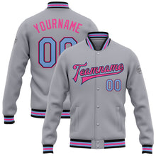 Laden Sie das Bild in den Galerie-Viewer, Custom Gray Light Blue Black-Pink Bomber Full-Snap Varsity Letterman Jacket