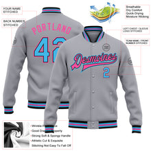 Load image into Gallery viewer, Custom Gray Sky Blue Black-Pink Bomber Full-Snap Varsity Letterman Jacket