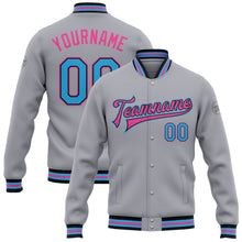 Load image into Gallery viewer, Custom Gray Sky Blue Black-Pink Bomber Full-Snap Varsity Letterman Jacket