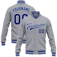 Загрузить изображение в средство просмотра галереи, Custom Gray Royal-White Bomber Full-Snap Varsity Letterman Jacket