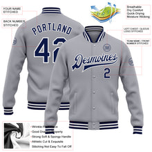 Load image into Gallery viewer, Custom Gray Navy-White Bomber Full-Snap Varsity Letterman Jacket