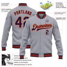 Load image into Gallery viewer, Custom Gray Navy-Orange Bomber Full-Snap Varsity Letterman Jacket