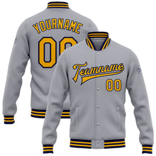 Load image into Gallery viewer, Custom Gray Gold-Navy Bomber Full-Snap Varsity Letterman Jacket