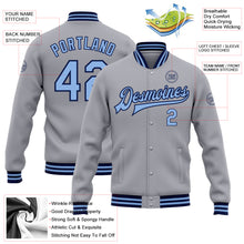 Laden Sie das Bild in den Galerie-Viewer, Custom Gray Light Blue-Navy Bomber Full-Snap Varsity Letterman Jacket