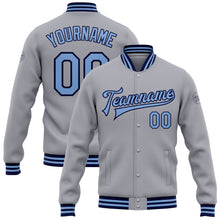 Laden Sie das Bild in den Galerie-Viewer, Custom Gray Light Blue-Navy Bomber Full-Snap Varsity Letterman Jacket