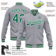 Laden Sie das Bild in den Galerie-Viewer, Custom Gray Kelly Green-White Bomber Full-Snap Varsity Letterman Jacket