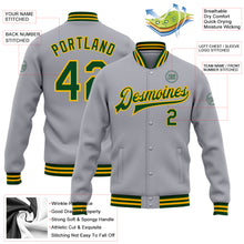 Load image into Gallery viewer, Custom Gray Green-Gold Bomber Full-Snap Varsity Letterman Jacket