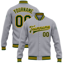 Load image into Gallery viewer, Custom Gray Green-Gold Bomber Full-Snap Varsity Letterman Jacket