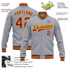 Load image into Gallery viewer, Custom Gray Crimson-Gold Bomber Full-Snap Varsity Letterman Jacket