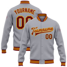 Load image into Gallery viewer, Custom Gray Crimson-Gold Bomber Full-Snap Varsity Letterman Jacket