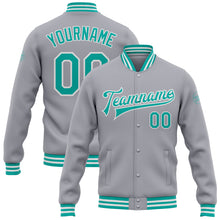 Загрузить изображение в средство просмотра галереи, Custom Gray Aqua-White Bomber Full-Snap Varsity Letterman Jacket