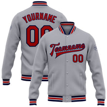 Load image into Gallery viewer, Custom Gray Red-Navy Bomber Full-Snap Varsity Letterman Jacket