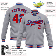 Load image into Gallery viewer, Custom Gray Red-Royal Bomber Full-Snap Varsity Letterman Jacket