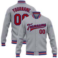 Load image into Gallery viewer, Custom Gray Red-Royal Bomber Full-Snap Varsity Letterman Jacket