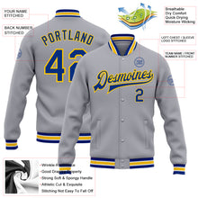 Загрузить изображение в средство просмотра галереи, Custom Gray Royal-Yellow Bomber Full-Snap Varsity Letterman Jacket
