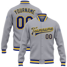 Загрузить изображение в средство просмотра галереи, Custom Gray Royal-Yellow Bomber Full-Snap Varsity Letterman Jacket