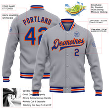 Загрузить изображение в средство просмотра галереи, Custom Gray Royal-Orange Bomber Full-Snap Varsity Letterman Jacket