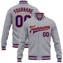 Загрузить изображение в средство просмотра галереи, Custom Gray Royal-Orange Bomber Full-Snap Varsity Letterman Jacket