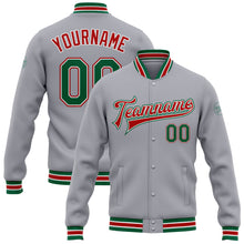 Laden Sie das Bild in den Galerie-Viewer, Custom Gray Kelly Green-Red Bomber Full-Snap Varsity Letterman Jacket