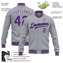 Load image into Gallery viewer, Custom Gray Purple-Black Bomber Full-Snap Varsity Letterman Jacket