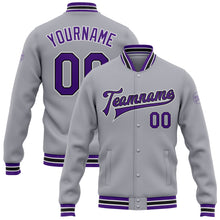 Load image into Gallery viewer, Custom Gray Purple-Black Bomber Full-Snap Varsity Letterman Jacket