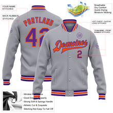 Load image into Gallery viewer, Custom Gray Purple-Orange Bomber Full-Snap Varsity Letterman Jacket