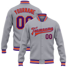 Load image into Gallery viewer, Custom Gray Purple-Orange Bomber Full-Snap Varsity Letterman Jacket