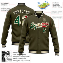 Load image into Gallery viewer, Custom Olive Vintage Mexican Flag Cream-Black Bomber Full-Snap Varsity Letterman Salute To Service Jacket