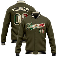 Load image into Gallery viewer, Custom Olive Vintage Mexican Flag Cream-Black Bomber Full-Snap Varsity Letterman Salute To Service Jacket