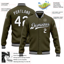 Laden Sie das Bild in den Galerie-Viewer, Custom Olive White-Black Bomber Full-Snap Varsity Letterman Salute To Service Jacket