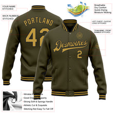 Laden Sie das Bild in den Galerie-Viewer, Custom Olive Old Gold-Black Bomber Full-Snap Varsity Letterman Salute To Service Jacket