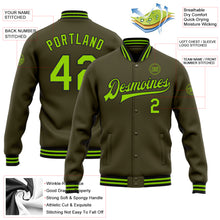 Laden Sie das Bild in den Galerie-Viewer, Custom Olive Neon Green-Black Bomber Full-Snap Varsity Letterman Salute To Service Jacket