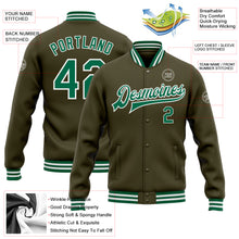 Laden Sie das Bild in den Galerie-Viewer, Custom Olive Kelly Green-White Bomber Full-Snap Varsity Letterman Salute To Service Jacket